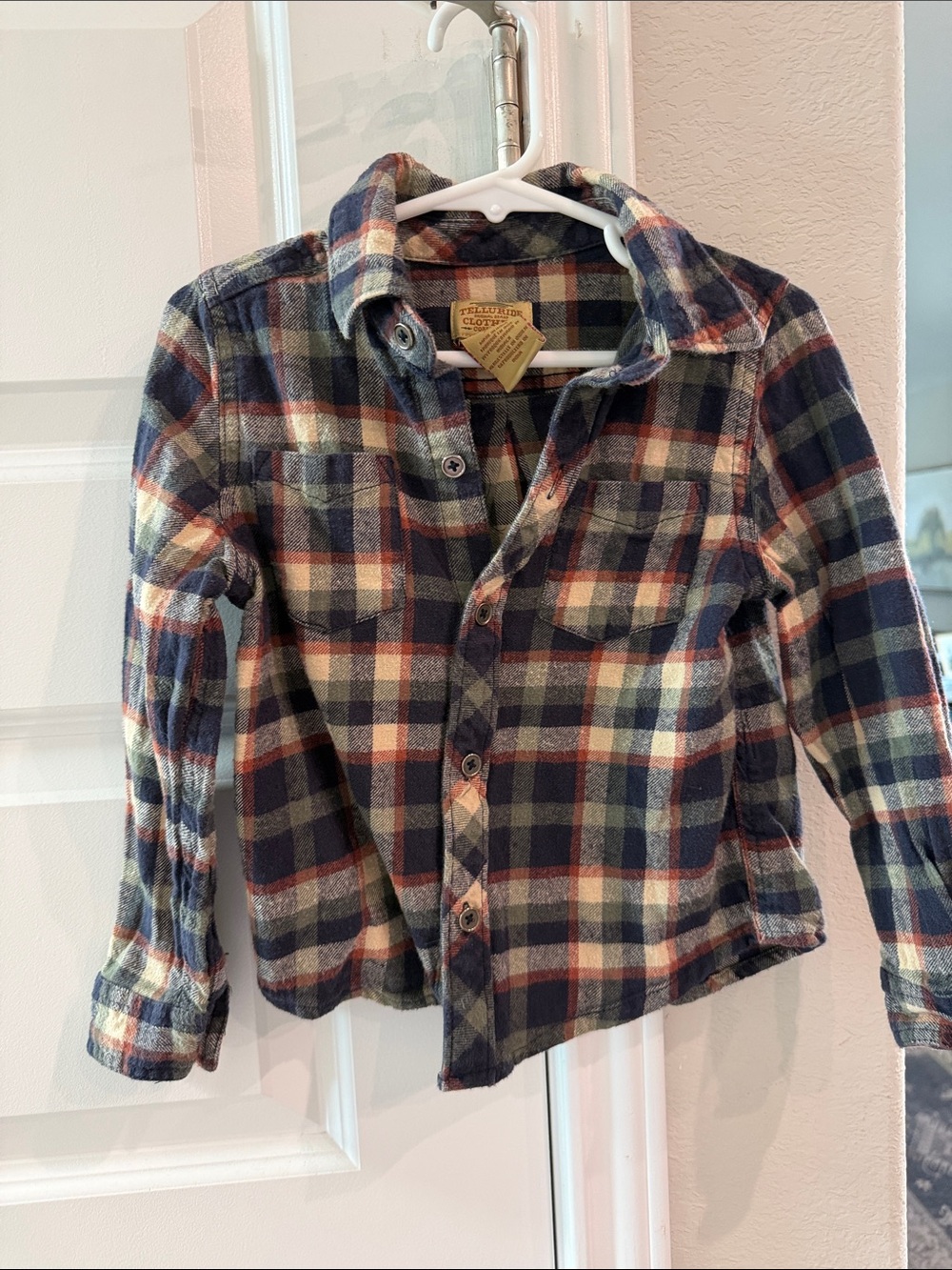 Boys Plaid Flannel Button-Up Shirt - Navy, Cream & Rust- 3T